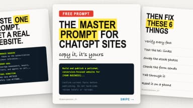 Carousel slides introducing a free master prompt for ChatGPT Sites, showing the prompt structure and the checklist local service businesses run after the first build