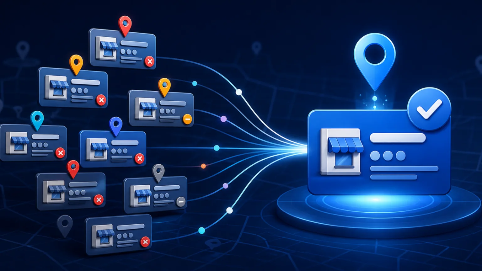Multiple inaccurate digital business listings converging into one verified local profile