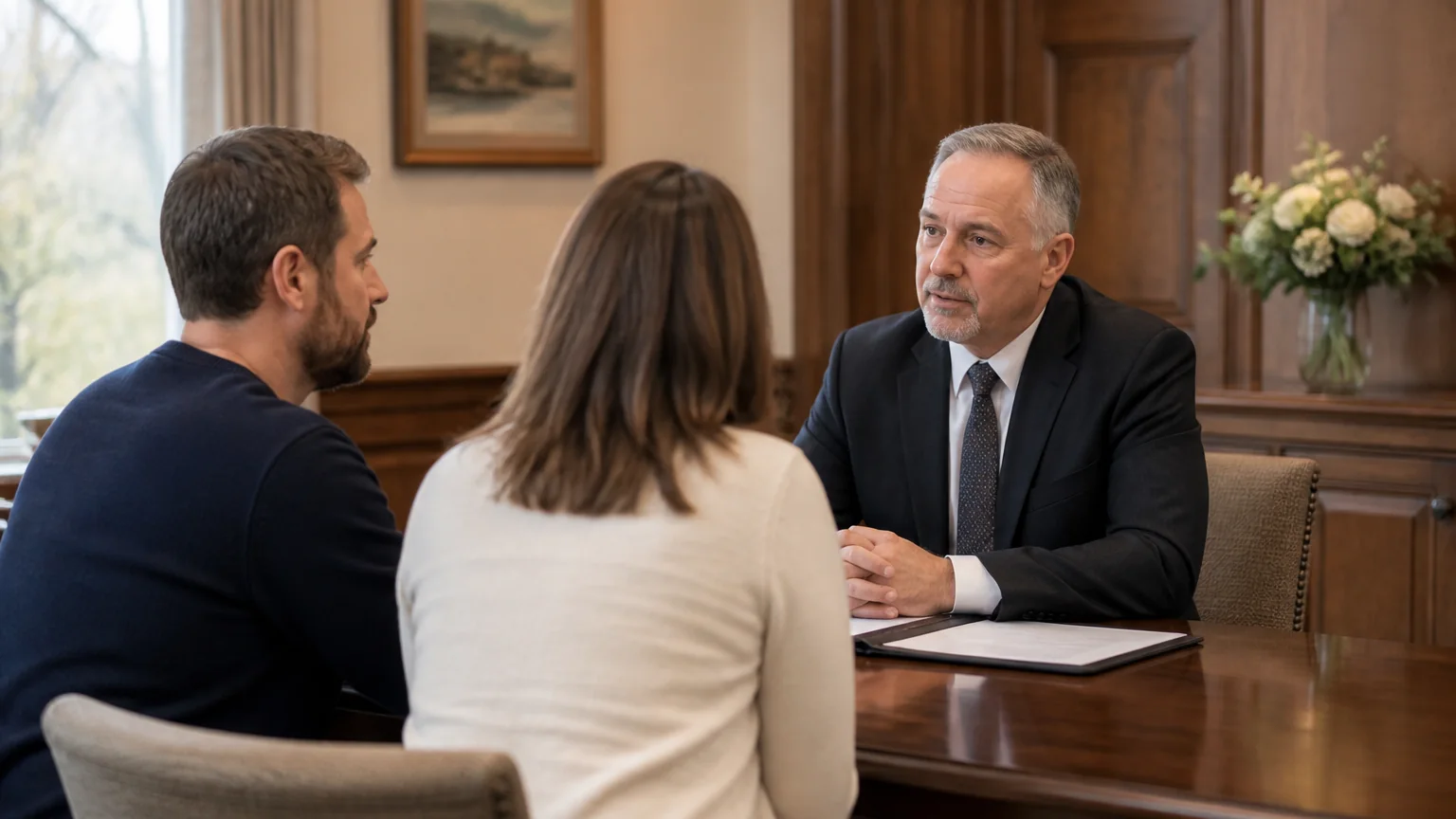 Funeral home director listening attentively to two adult family members in a private arrangement room