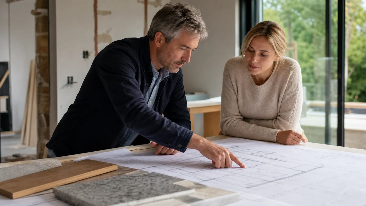 Architect reviewing residential plans and material samples with a homeowner at a renovation site