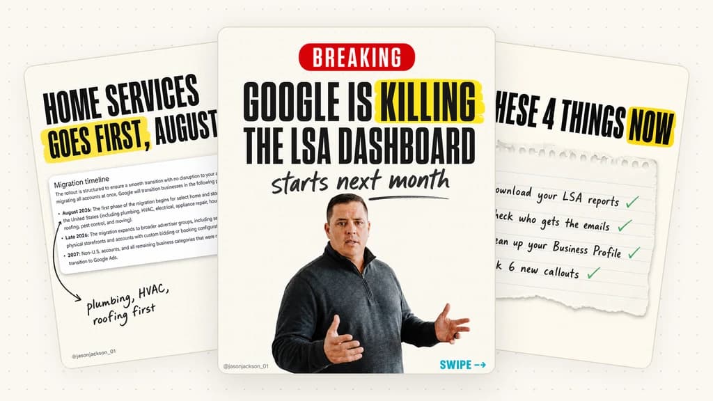 Carousel slides announcing that Google is retiring the Local Services Ads dashboard, with the August 2026 migration timeline and a pre-migration checklist