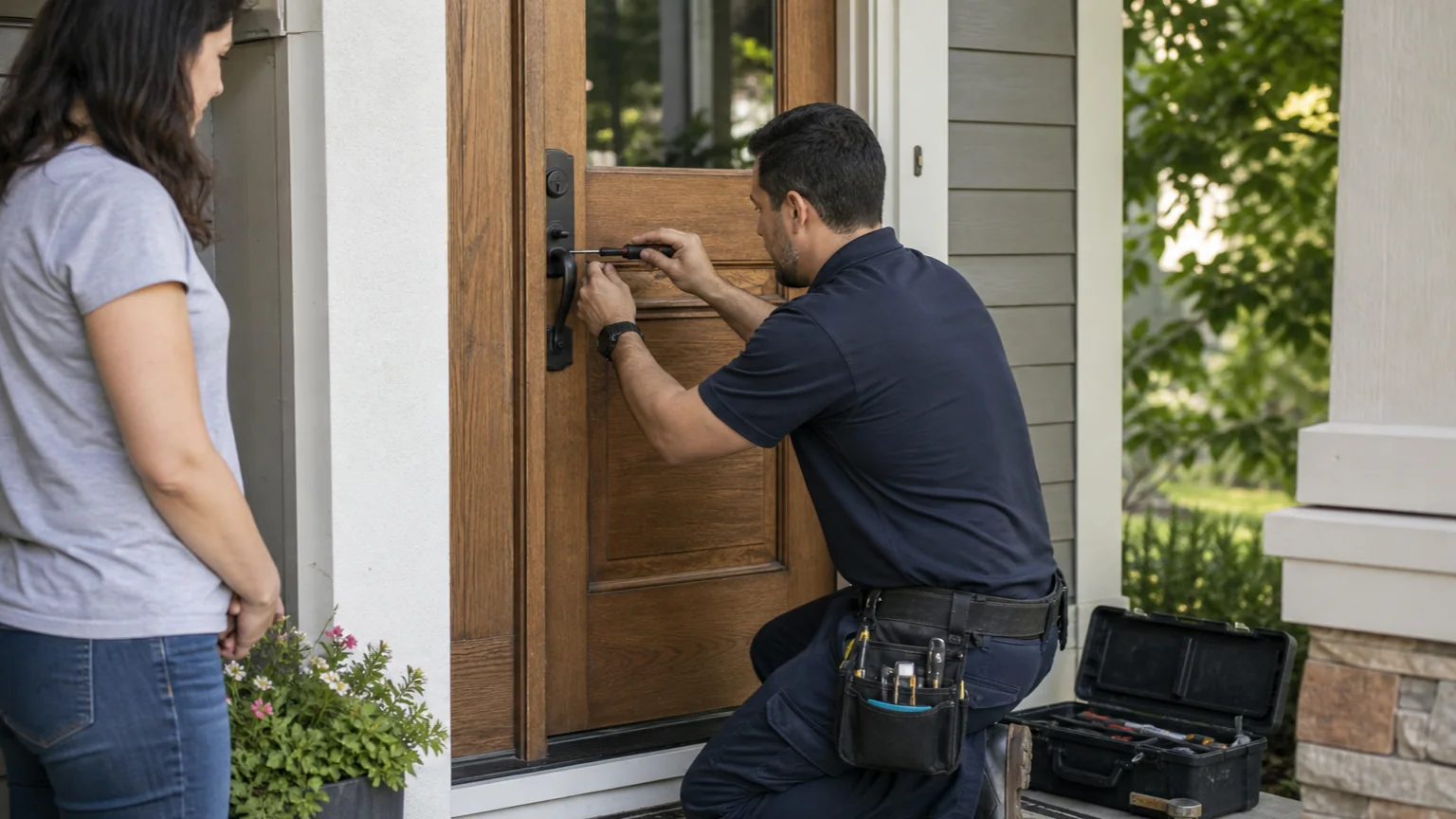 Professional locksmith servicing a residential front-door lock while the homeowner observes
