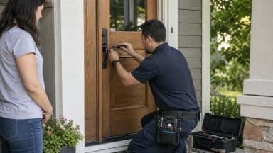 Professional locksmith servicing a residential front-door lock while the homeowner observes
