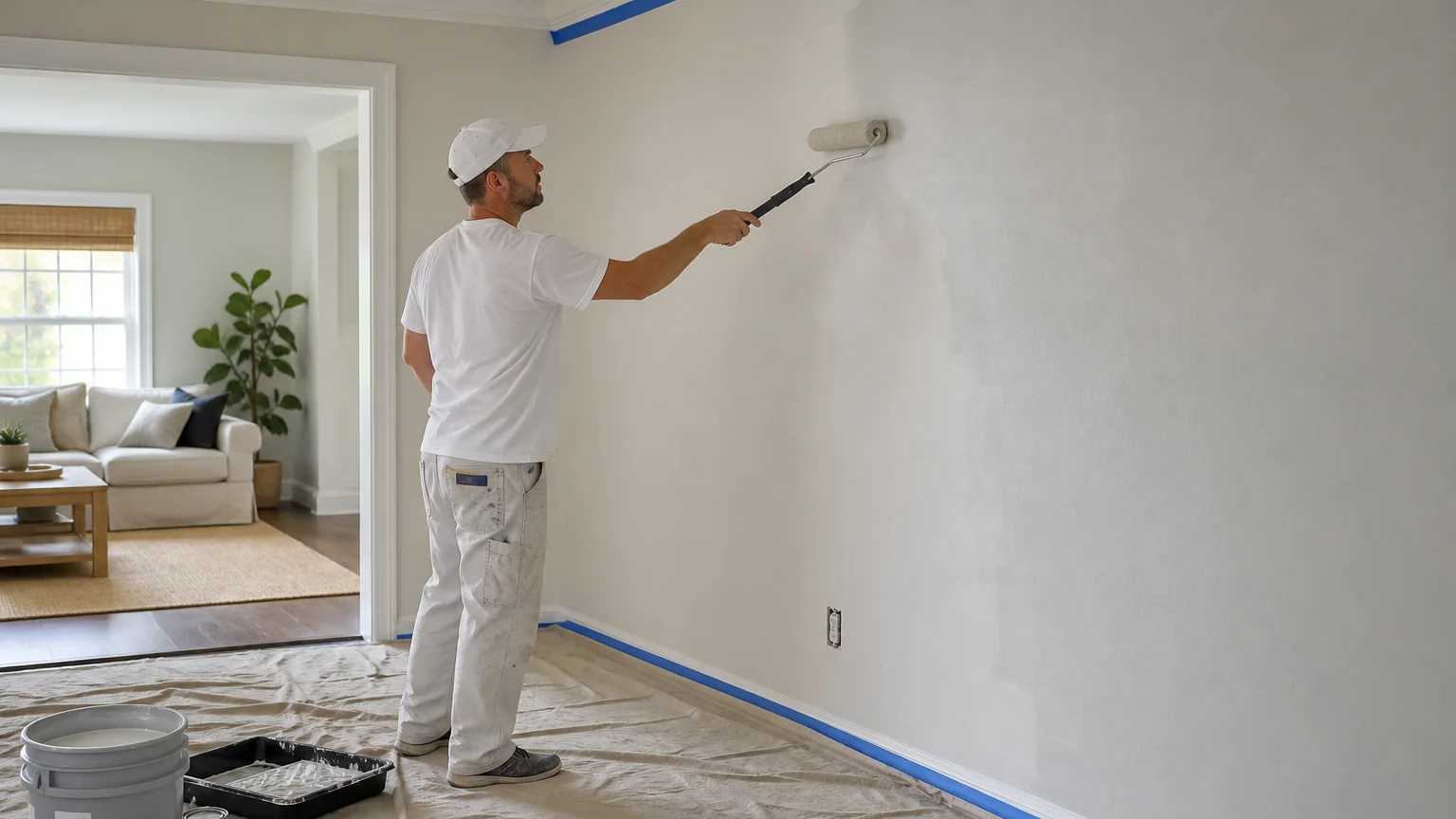 Residential painter applying a fresh coat to an interior wall with floors and trim protected