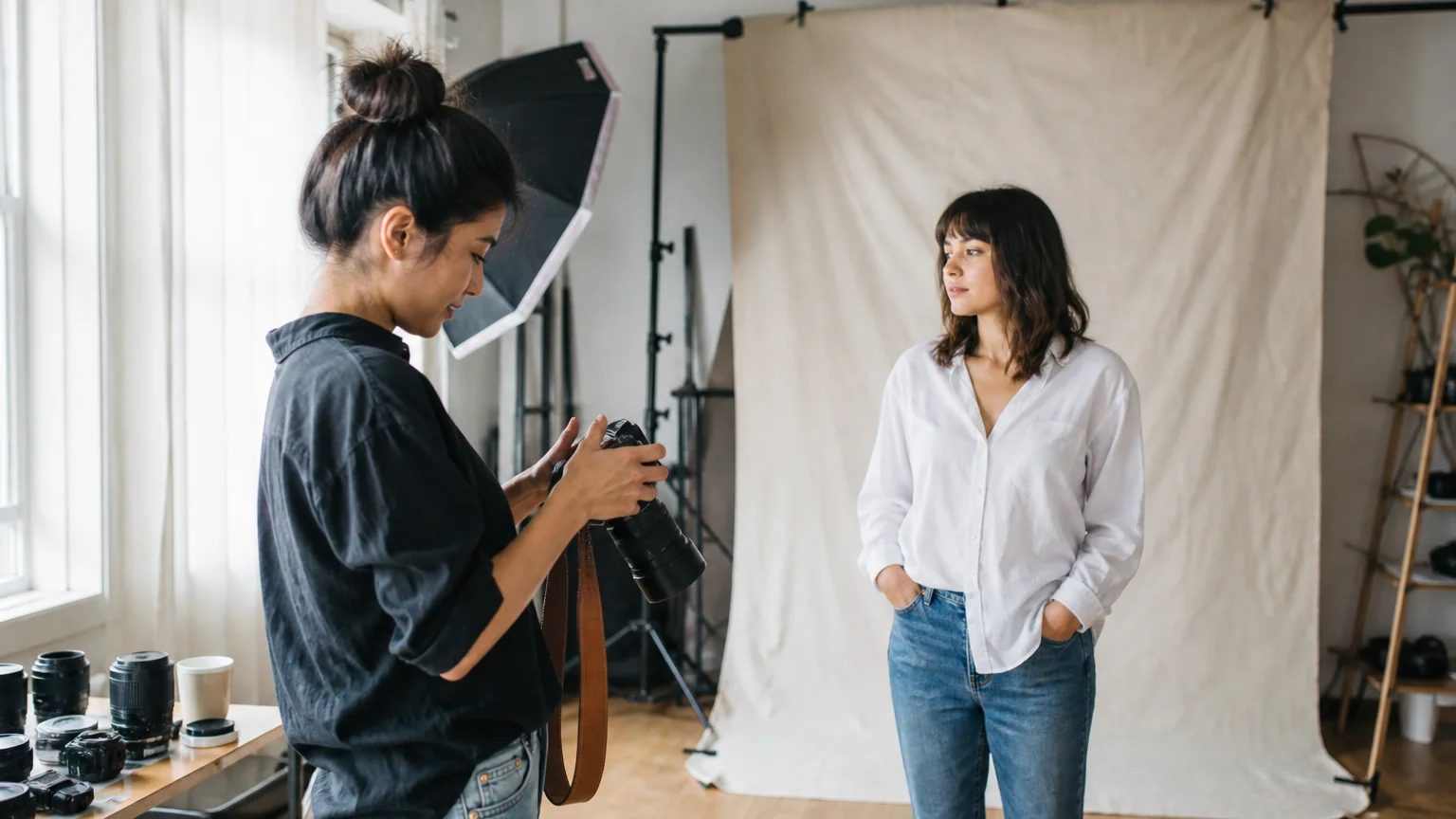 Photographer preparing a camera while a portrait client waits in a naturally lit studio
