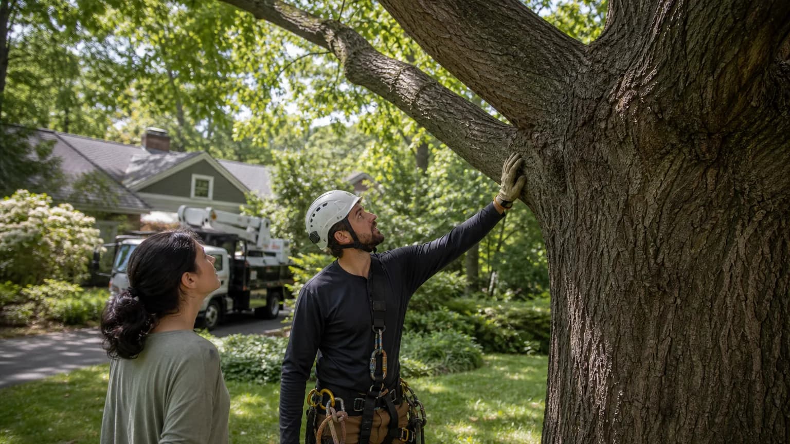 Arborist in safety gear evaluating a mature residential tree with a homeowner