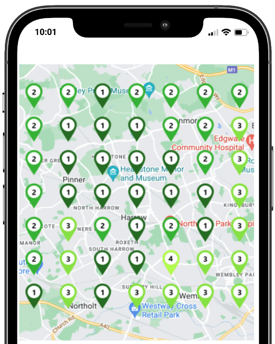 Geo grid proximity results shown on a map