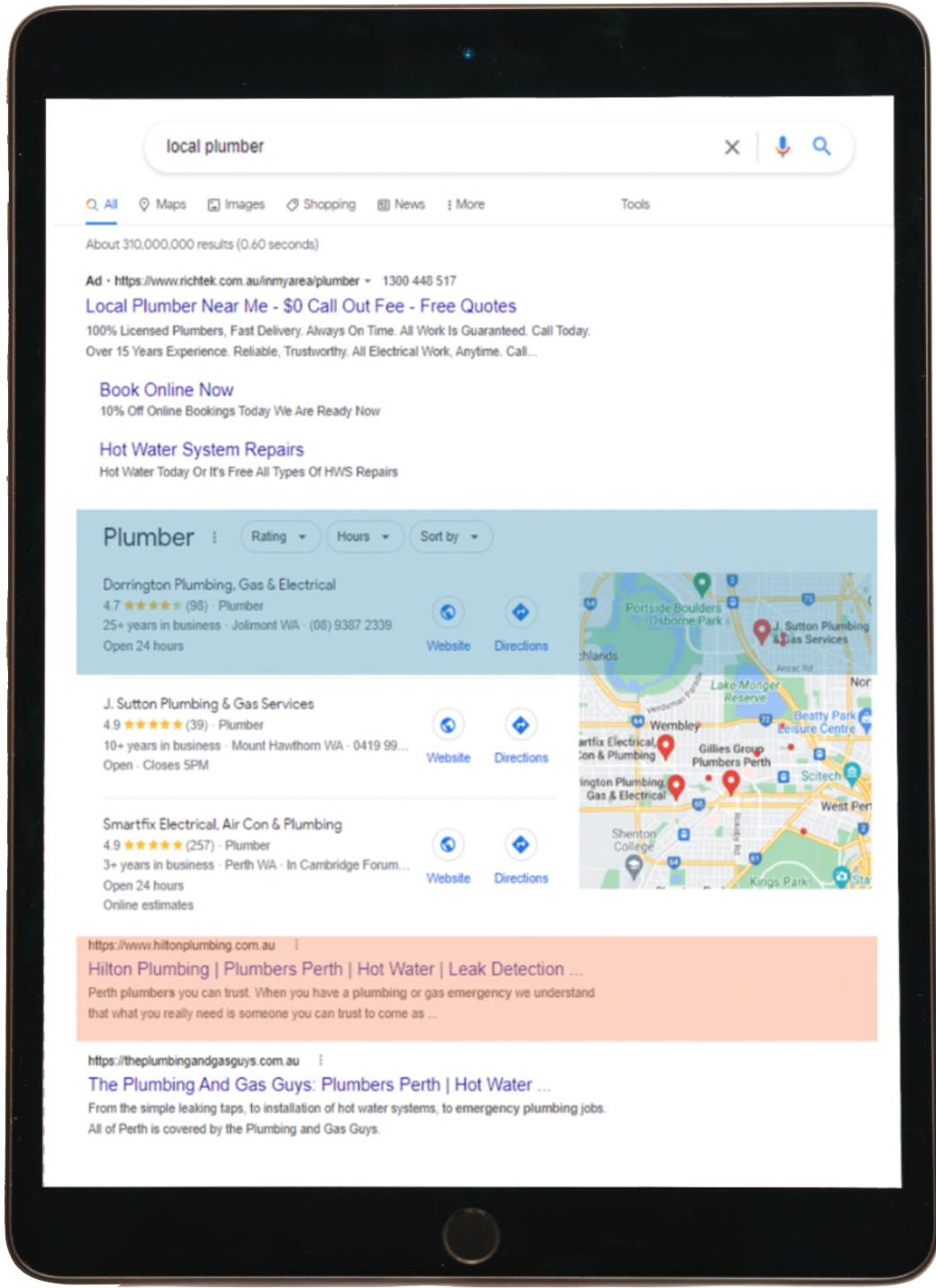 Tablet showing google results for the search of local plumber