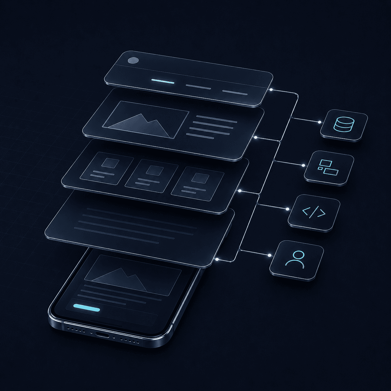 Layered website architecture connected to structured data, code, content, and customer signals