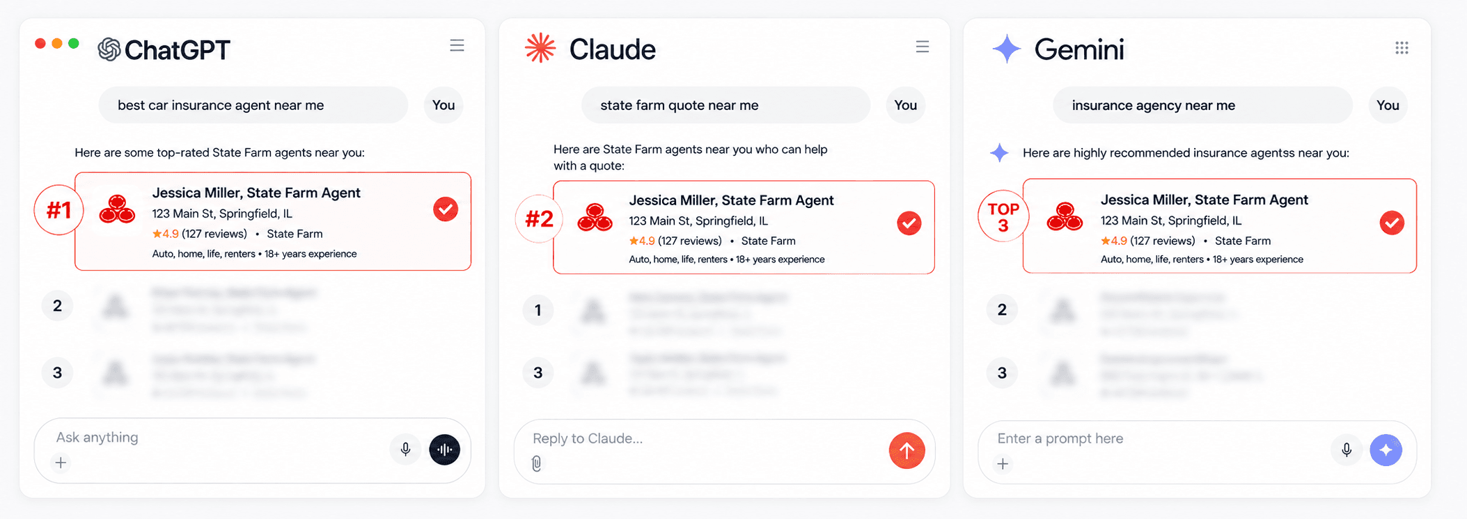 State Farm agent appearing prominently in an example ChatGPT local insurance search
